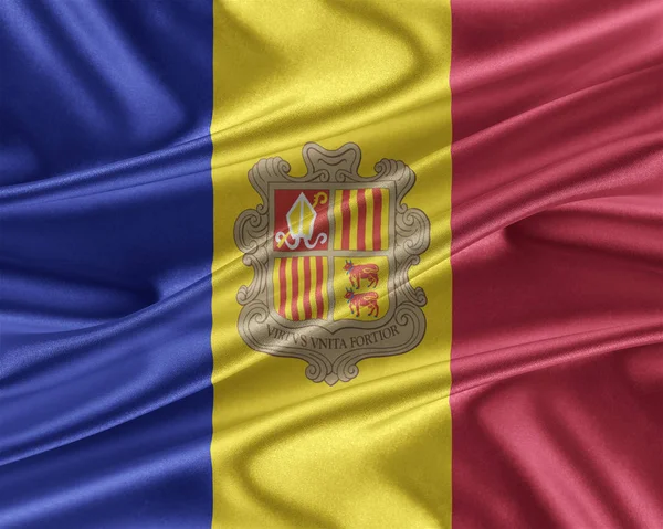 Andorra zászló egy fényes selyem textúra. — Stock Fotó