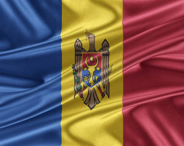 Moldova zászló egy fényes selyem textúra. — Stock Fotó