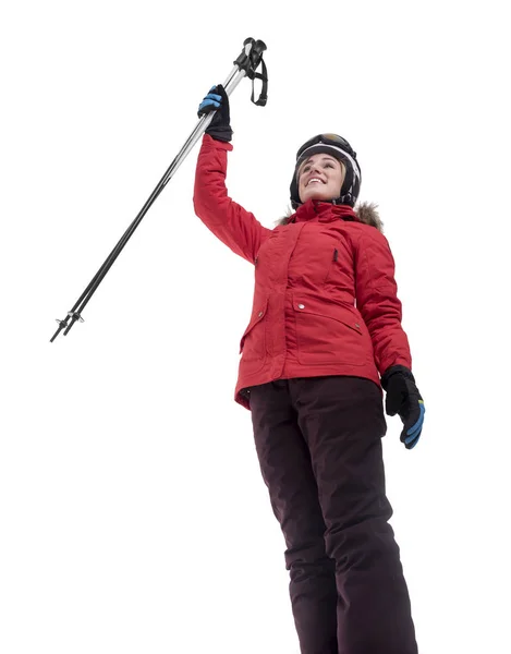 Attraktive Skifahrerin auf weißem Hintergrund. — Stockfoto