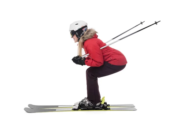 Attraktiva flicka skidåkare på vit bakgrund. — Stockfoto