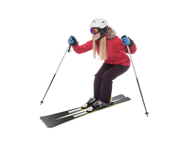 Aantrekkelijk meisje skiër op witte achtergrond. — Stockfoto