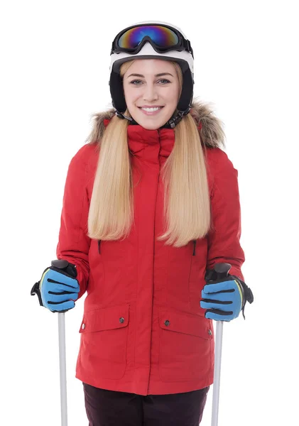 Attraktive Skifahrerin auf weißem Hintergrund. — Stockfoto