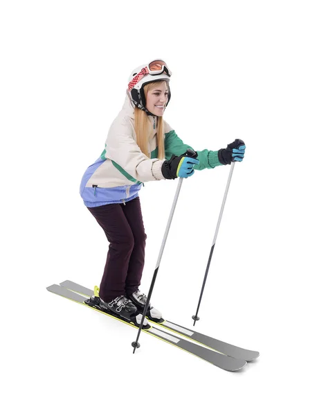 Attractive girl skier on white background. — Stock Photo, Image