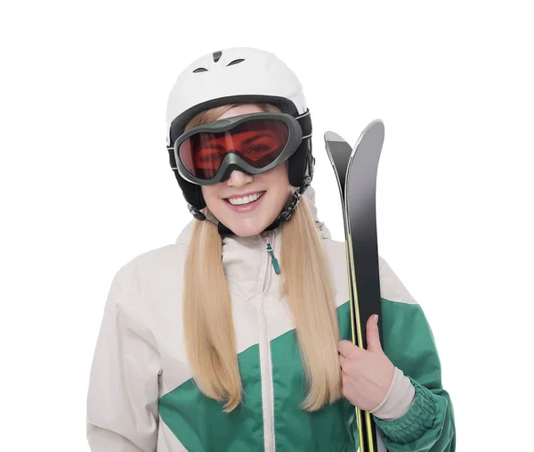 Привлекательная девушка лыжник на белом фоне . — стоковое фото