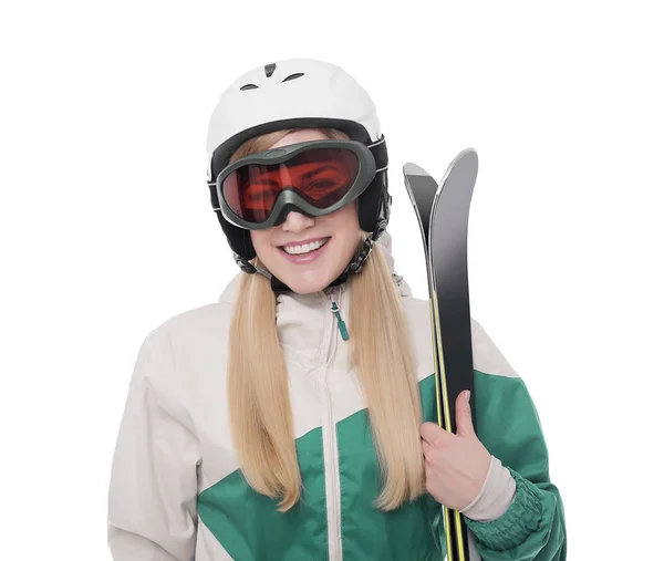 Aantrekkelijk meisje skiër op witte achtergrond. — Stockfoto