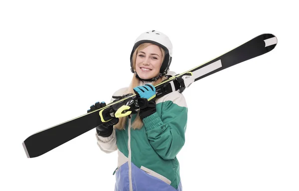 Menina atraente esquiador no fundo branco . — Fotografia de Stock