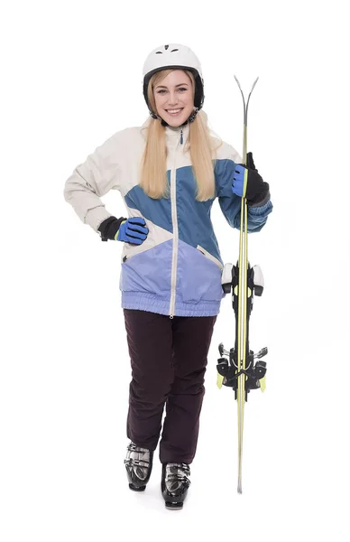 Menina atraente esquiador no fundo branco . — Fotografia de Stock