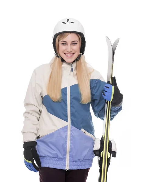 Attraktive Skifahrerin auf weißem Hintergrund. — Stockfoto