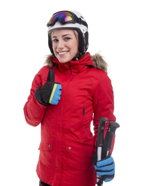 Aantrekkelijk meisje skiër op witte achtergrond. — Stockfoto