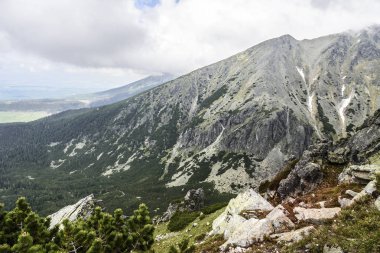 Bulutlu bir günde yağmur bulutları ile dağ manzarası. Tatra Dağları.