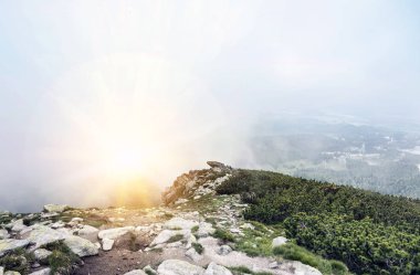 Bulutlu bir günde yağmur bulutları ile dağ manzarası. Tatra Dağları.