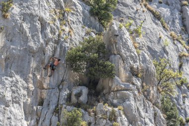 Genç dağcı cliff duvara tırmanıyor.