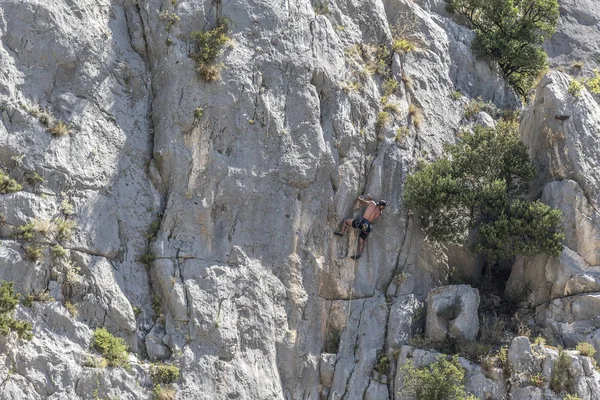 Genç dağcı cliff duvara tırmanıyor.
