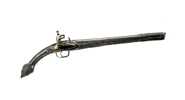 Pistola antiga ou mosquete sobre um fundo branco . — Fotografia de Stock