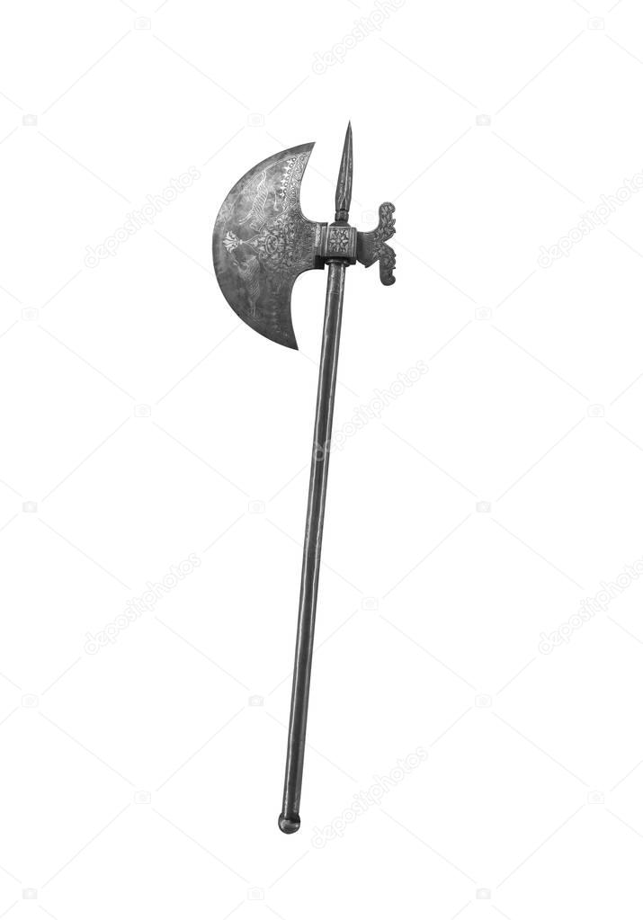 Ancient halberd or war ax on a white background.
