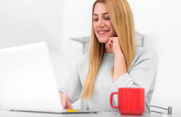 Mulher sorridente bonita trabalhando em um laptop em casa ou no escritório . — Fotografia de Stock