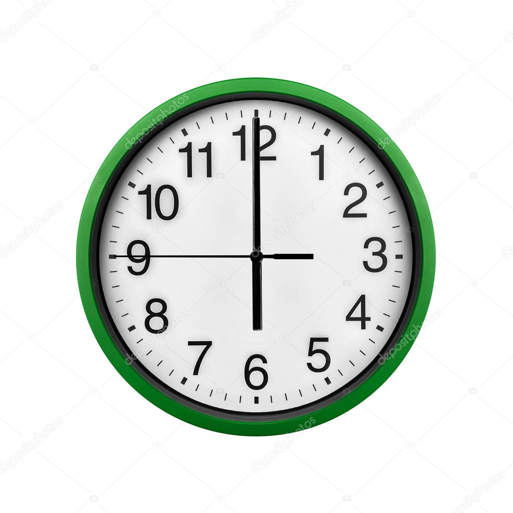Green wall clock isolated on a white background.