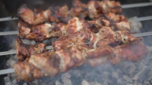 Barbacoa o shish kebab se fríe en la parrilla . — Vídeos de Stock