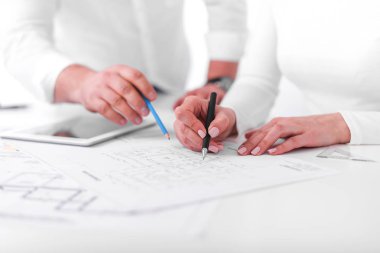 Çalışanların planları veya ofiste mühendislik planları üzerinde çalışmak. Mühendislik.