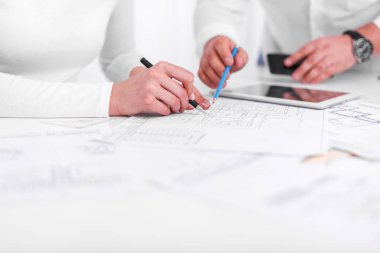 Çalışanların planları veya ofiste mühendislik planları üzerinde çalışmak. Mühendislik.