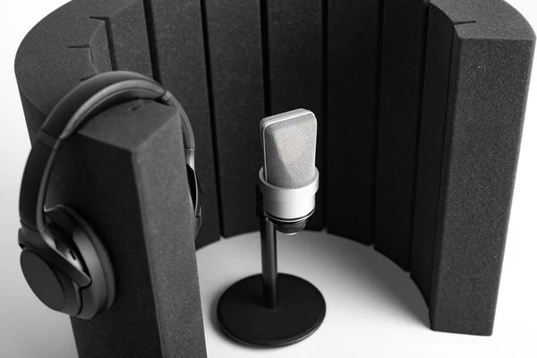 Микрофон и студийный экран микрофона для записи в студии и трансляции . — стоковое фото
