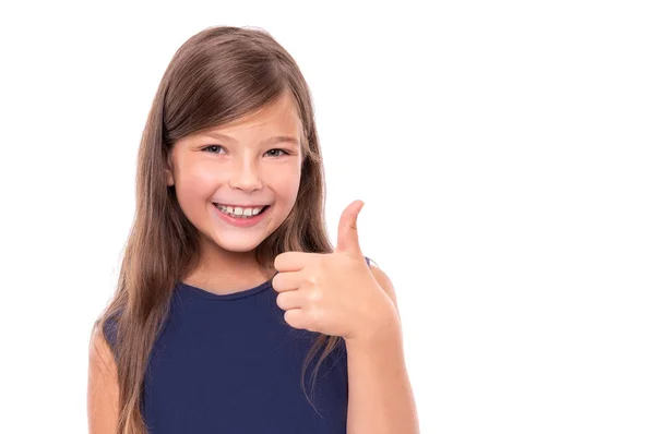 Little girl showing thumbs up on white background. — Stock Photo, Image