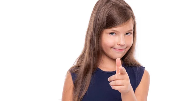 Little girl points her finger at you isolated on white. — Stock Photo, Image