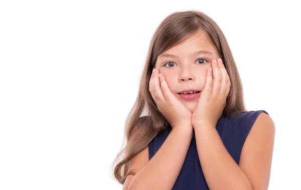 Little girl shows surprise on a white. — Stock Photo, Image