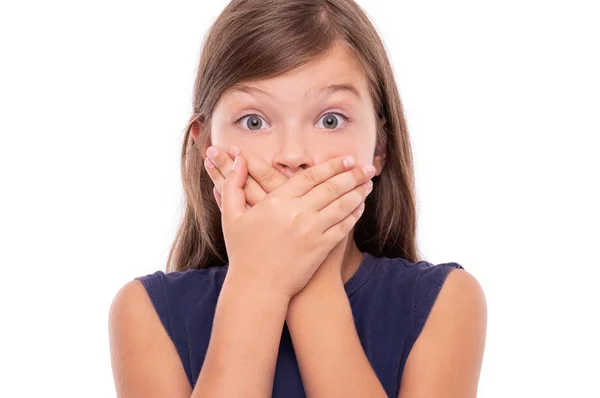 Little girl covered her mouth with her hands. — Stock Photo, Image