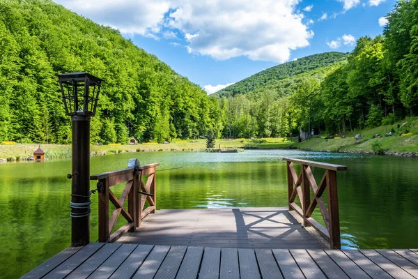 Cais de madeira no lago contra o fundo da floresta . — Fotografia de Stock