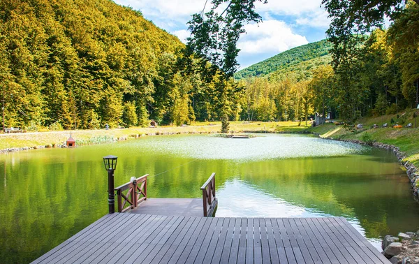 森を背景に湖の上に木製の桟橋. — ストック写真