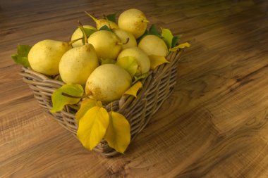 Meyve. Eski ahşap üzerine taze organik armut. Armut sonbaharda hasat