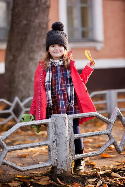 Sonbahar yaprak ile küçük kız — Stok fotoğraf