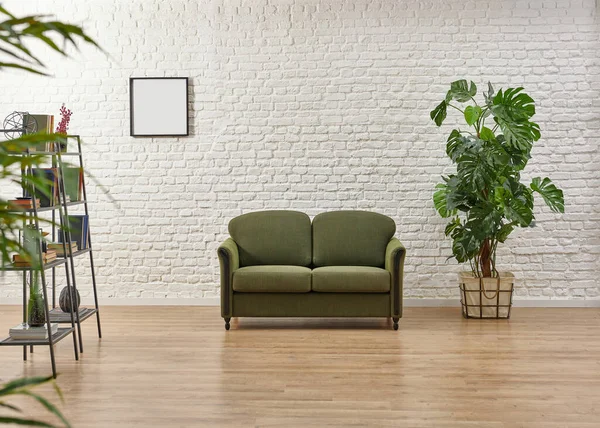 Белый Брик Стены Зеленые Кресла Интерьера Lving Комнате Стиле — стоковое фото