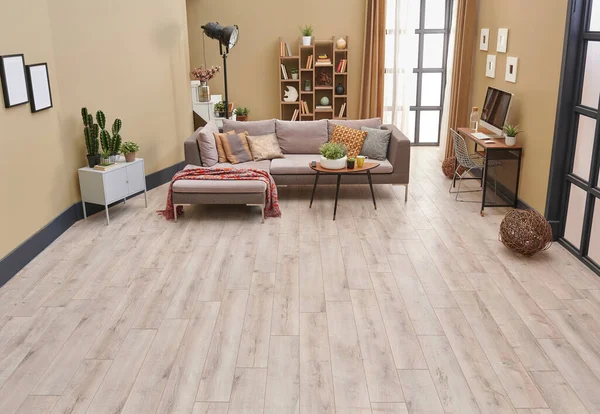 Sala Estar Marrón Sofá Gris Estantería Madera Alfombra Detalle — Foto de Stock