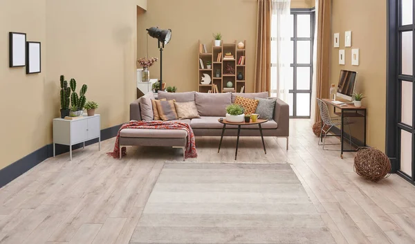 Braunes Wohnzimmer Graues Sofa Bücherregal Aus Holz Und Teppichdetails — Stockfoto