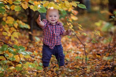 bebek sonbahar yapraklarıyla oynuyor.