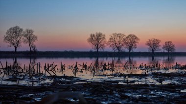 İlkbaharın başlarında nehirde güzel bir gün batımı                         