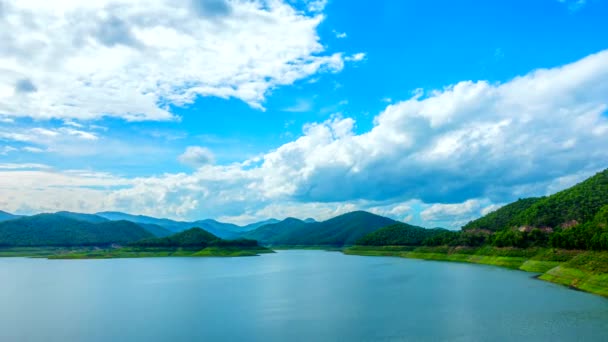 Moving clouds over calm lake. — Stock Video