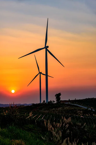 Günbatımında rüzgar türbini çiftliği — Stok fotoğraf