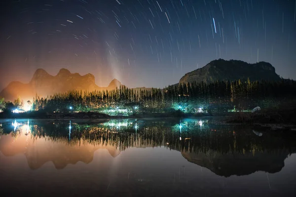 Beautiful Star Trails Mountain Reflection Lake Khao Bid Khao Khao — Stock Photo, Image