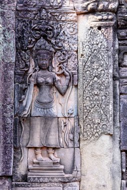 Angkor Thom 'daki Bayon Tapınağı' nın duvarlarına taş oymalar, Siem Reap, Kamboçya. 