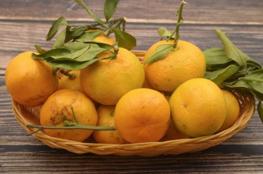 Tahta bir arka planda sepetin içinde yeşil yapraklı bir dal üzerinde birkaç sarı mandalina. Sonbahar hasadı. Modern tarım. Tatlı bir ikram için. Kapat..