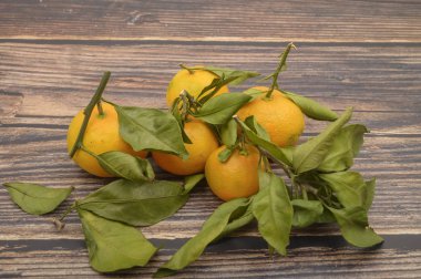 Tahta arka planda yeşil yapraklı dallar üzerinde birkaç sarı mandalina. Sonbahar hasadı. Modern tarım. Tatlı bir ikram için.