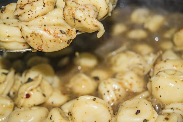 Boiled Dumplings Spices Spoon Pot Cooked Dumplings Close — Stock Photo, Image