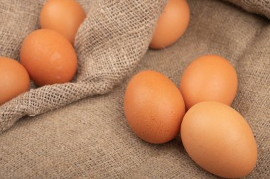 Kaba ev yapımı kumaştan yapılmış arka planda tavuk yumurtası. Ev yapımı hazırlıklar, köy yemekleri. Kapat.