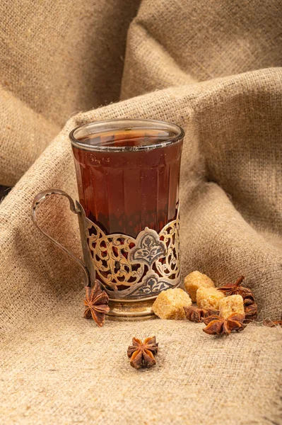 Vaso Portavasos Vintage Anís Estrellado Azúcar Morena Sobre Fondo Tela — Foto de Stock