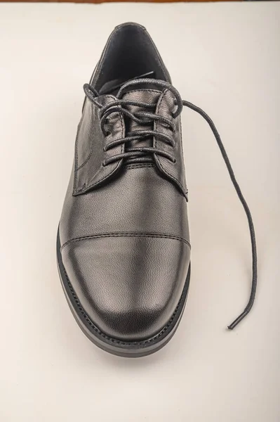 Black Leather Shoe Lacing White Background Close — Stock Photo, Image