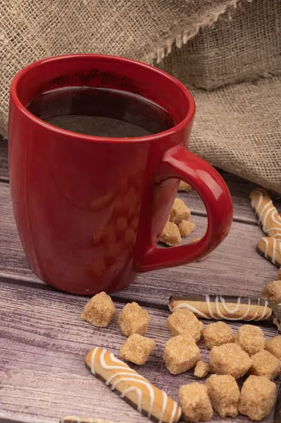 Eine Rote Teetasse Aus Keramik Keksstangen Mit Schokolade Und Weißer — Stockfoto