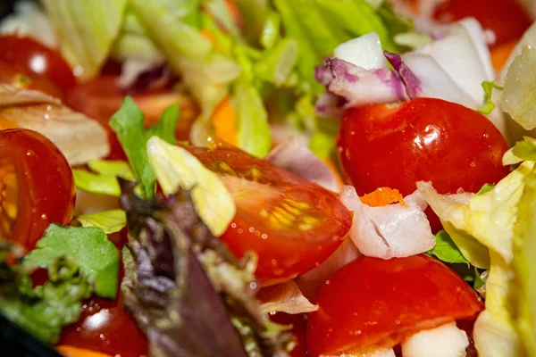 Ensalada Verduras Rodajas Tomates Cebollas Lechuga Zanahorias Remolachas Cerca Alimentación —  Fotos de Stock